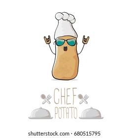 vector funny cartoon cute brown chef potato isolated on white background. My name is potato vector concept. vegetable funky character with chef hat