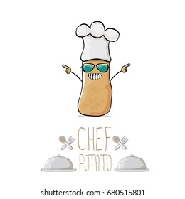 vector funny cartoon cute brown chef potato isolated on white background. My name is potato vector concept. vegetable funky character with chef hat