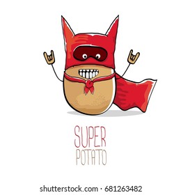 vector funny cartoon cute brown super hero potato with red hero cape isolated on white background. My name is potato vector concept. super vegetable funky character