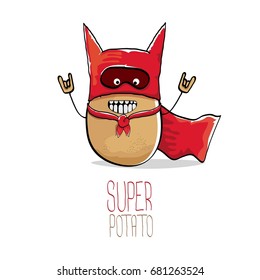 vector funny cartoon cute brown super hero potato with red hero cape isolated on white background. My name is potato vector concept. super vegetable funky character