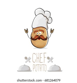 vector funny cartoon cute brown chef potato isolated on white background. My name is potato vector concept. vegetable funky character with chef hat