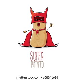 vector funny cartoon cute brown super hero potato with red hero cape and red mask isolated on white background. My name is super potato vector concept.  vegetable funky character