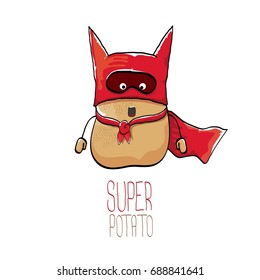 vector funny cartoon cute brown super hero potato with red hero cape and red mask isolated on white background. My name is super potato vector concept.  vegetable funky character
