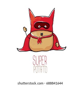 vector funny cartoon cute brown super hero potato with red hero cape and red mask isolated on white background. My name is super potato vector concept.  vegetable funky character