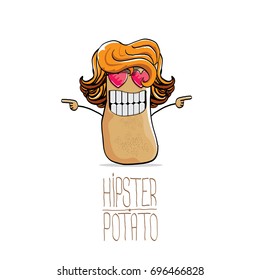 vector funny cartoon cute brown hipster potato with long blond hair and heart shape sunglasses isolated on white background. My name is potato vector concept. vegetable funky character