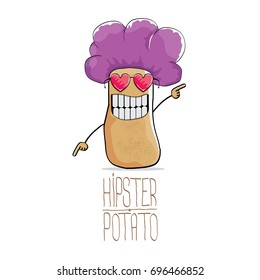 caricatura vectorial linda patata hipster marrón con pelo rizado violeta afro y gafas de sol de forma cardíaca aisladas en fondo blanco. Mi nombre es concepto de vector de patata. carácter fundido vegetal