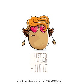 Vector divertido de dibujos animados linda papa hipster marrón con pelo largo rubio y gafas de sol en forma de corazón aislados sobre fondo blanco. Mi nombre es concepto de Vector de patata. carácter funky vegetal