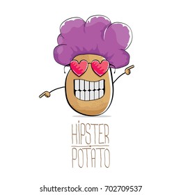 vector funny cartoon cute brown hipster potato with violet afro curly hair and heart shape sunglasses isolated on white background. My name is potato vector concept. vegetable funky character