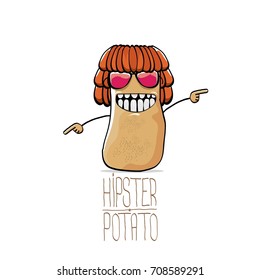 vector funny cartoon cute brown hipster potato with long hair and pink sunglasses isolated on white background. My name is potato vector concept. vegetable funky character