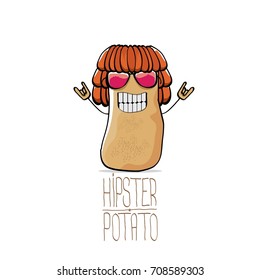 vector funny cartoon cute brown hipster potato with long hair and pink sunglasses isolated on white background. My name is potato vector concept. vegetable funky character