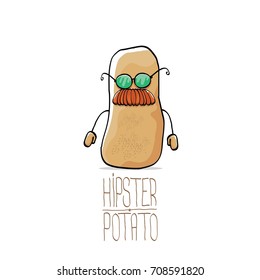 vector funny cartoon cute brown hipster potato with moustache and sunglasses isolated on white background. My name is potato vector concept. vegetable funky character