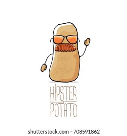 vector funny cartoon cute brown hipster potato with moustache and sunglasses isolated on white background. My name is potato vector concept. vegetable funky character