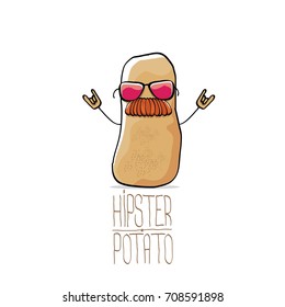 vector funny cartoon cute brown hipster potato with moustache and sunglasses isolated on white background. My name is potato vector concept. vegetable funky character