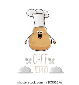 vector funny cartoon cute brown chef sweet potato isolated on white background. My name is potato vector concept. vegetable funky character with chef hat
