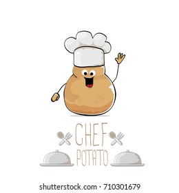 vector funny cartoon cute brown chef sweet potato isolated on white background. My name is potato vector concept. vegetable funky character with chef hat