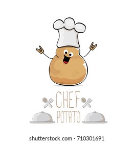 vector funny cartoon cute brown chef sweet potato isolated on white background. My name is potato vector concept. vegetable funky character with chef hat