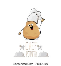 vector funny cartoon cute brown chef sweet potato isolated on white background. My name is potato vector concept. vegetable funky character with chef hat
