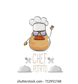 vector funny cartoon cute brown chef potato with mustache isolated on white background. My name is potato vector concept. vegetable funky character with chef hat
