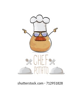 vector funny cartoon cute brown chef potato with mustache isolated on white background. My name is potato vector concept. vegetable funky character with chef hat