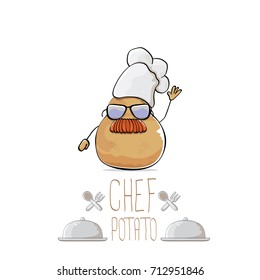 vector funny cartoon cute brown chef potato with mustache isolated on white background. My name is potato vector concept. vegetable funky character with chef hat
