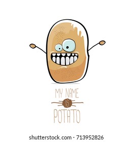 vector funny cartoon cute brown smiling tiny potato  isolated on white background. My name is potato vector concept. vegetable funky character 