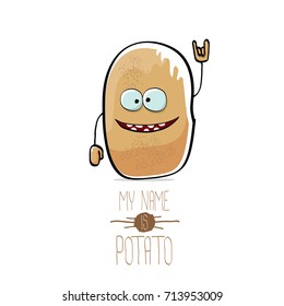 vector funny cartoon cute brown smiling tiny potato  isolated on white background. My name is potato vector concept. vegetable funky character 