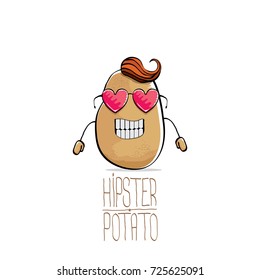 vector funny cartoon cute brown hipster potato with hair and pink sunglasses isolated on white background. My name is potato vector concept. vegetable funky character