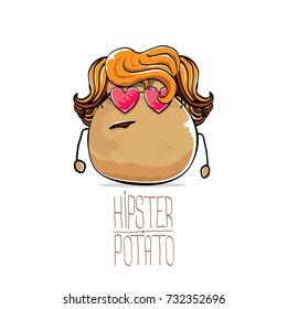 vector funny cartoon cute brown hipster potato with long blond hair and pink heart shape sunglasses isolated on white background. My name is potato vector concept. vegetable funky character