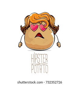 vector funny cartoon cute brown hipster potato with long blond hair and pink heart shape sunglasses isolated on white background. My name is potato vector concept. vegetable funky character