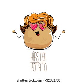 vector funny cartoon cute brown hipster potato with long blond hair and pink heart shape sunglasses isolated on white background. My name is potato vector concept. vegetable funky character