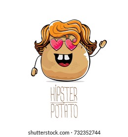 vector funny cartoon cute brown hipster potato with long blond hair and pink heart shape sunglasses isolated on white background. My name is potato vector concept. vegetable funky character