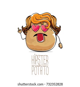 vector funny cartoon cute brown hipster potato with long blond hair and pink heart shape sunglasses isolated on white background. My name is potato vector concept. vegetable funky character
