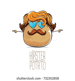 vector funny cartoon cute brown hipster potato with long blond hair, mustache and blue heart shape sunglasses isolated on white background. My name is potato vector concept. vegetable funky character