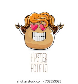 vector funny cartoon cute brown hipster potato with long blond hair and pink heart shape sunglasses isolated on white background. My name is potato vector concept. vegetable funky character