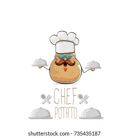 vector funny cartoon cute brown smiling chef potato with mustache and beard isolated on white background. My name is potato vector concept. vegetable funky character with chef hat