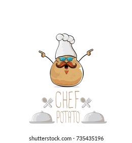 vector funny cartoon cute brown smiling chef potato with mustache and beard isolated on white background. My name is potato vector concept. vegetable funky character with chef hat