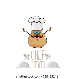 vector funny cartoon cute brown smiling chef potato with mustache and beard isolated on white background. My name is potato vector concept. vegetable funky character with chef hat