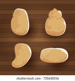 vector funny cartoon cute brown sweet potatoes set flat lay on wooden table background. potato label design template. top view