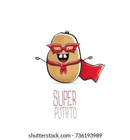 vector funny cartoon cute brown super hero potato with red hero cape and hero mask isolated on white background. My name is potato vector concept. super vegetable funky character