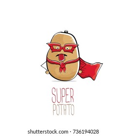 vector funny cartoon cute brown super hero potato with red hero cape and hero mask isolated on white background. My name is potato vector concept. super vegetable funky character