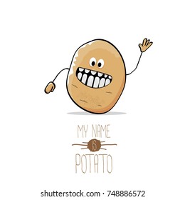 vector funny cartoon cute brown smiling tiny potato isolated on white background. My name is potato vector concept. vegetable funky character