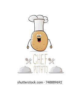 vector funny cartoon cute brown smiling chef potato isolated on white background. My name is potato vector concept. vegetable funky character with chef hat