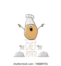 vector funny cartoon cute brown smiling chef potato isolated on white background. My name is potato vector concept. vegetable funky character with chef hat
