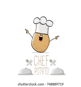 vector funny cartoon cute brown smiling chef potato isolated on white background. My name is potato vector concept. vegetable funky character with chef hat