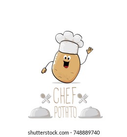 vector funny cartoon cute brown smiling chef potato isolated on white background. My name is potato vector concept. vegetable funky character with chef hat