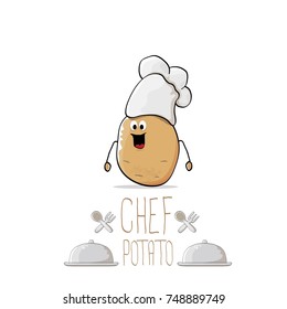 vector funny cartoon cute brown smiling chef potato isolated on white background. My name is potato vector concept. vegetable funky character with chef hat