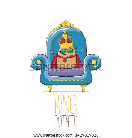 vector funny cartoon cute brown smiling king potato with golden royal crown and red mantle or cape sitting on blue throne isolated on white background. vegetable funky food drawn character 
