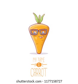 vector funny cartoon cute carrot character isolated on white background. My name is carrot vector concept illustration. funky autumn vegetable food character
