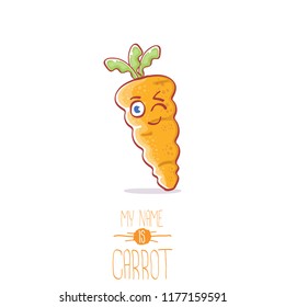 vector funny cartoon cute carrot character isolated on white background. My name is carrot vector concept illustration. funky autumn vegetable food character
