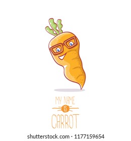 vector funny cartoon cute carrot character isolated on white background. My name is carrot vector concept illustration. funky autumn vegetable food character
